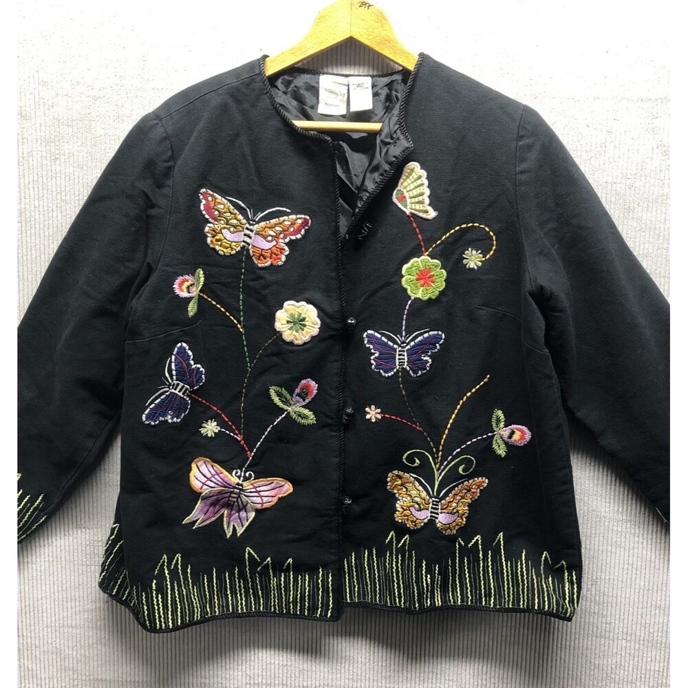 Roamans Shacket 20W Black Embroidered Butterfly Beaded Artsy Boho Lined Jacket